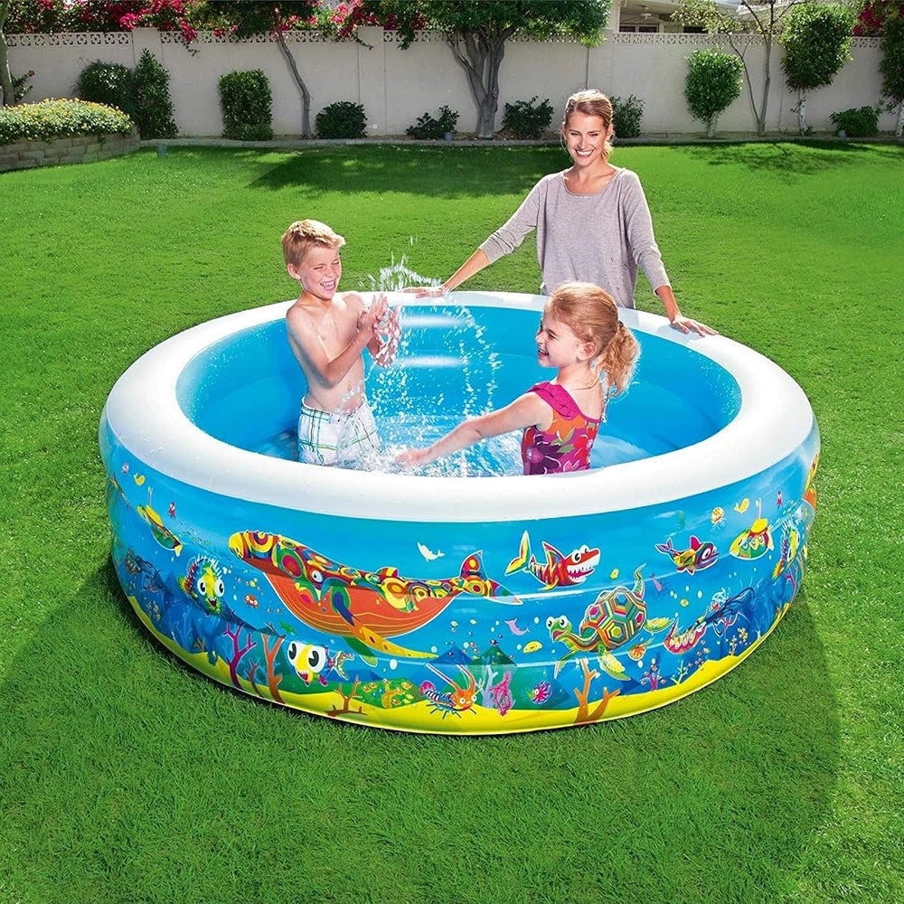Trade Shop - Piscina Rotonda Gonfiabile Per Bambini 196x53 Cm A 3 Anelli Fantasia Pesci 016133 -