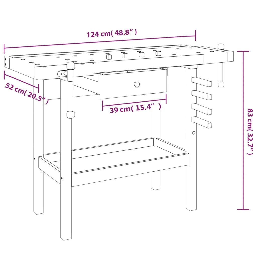 Banco da lavoro con cassetto e morse 124x52x83 cm in legno massello di acacia 153320
