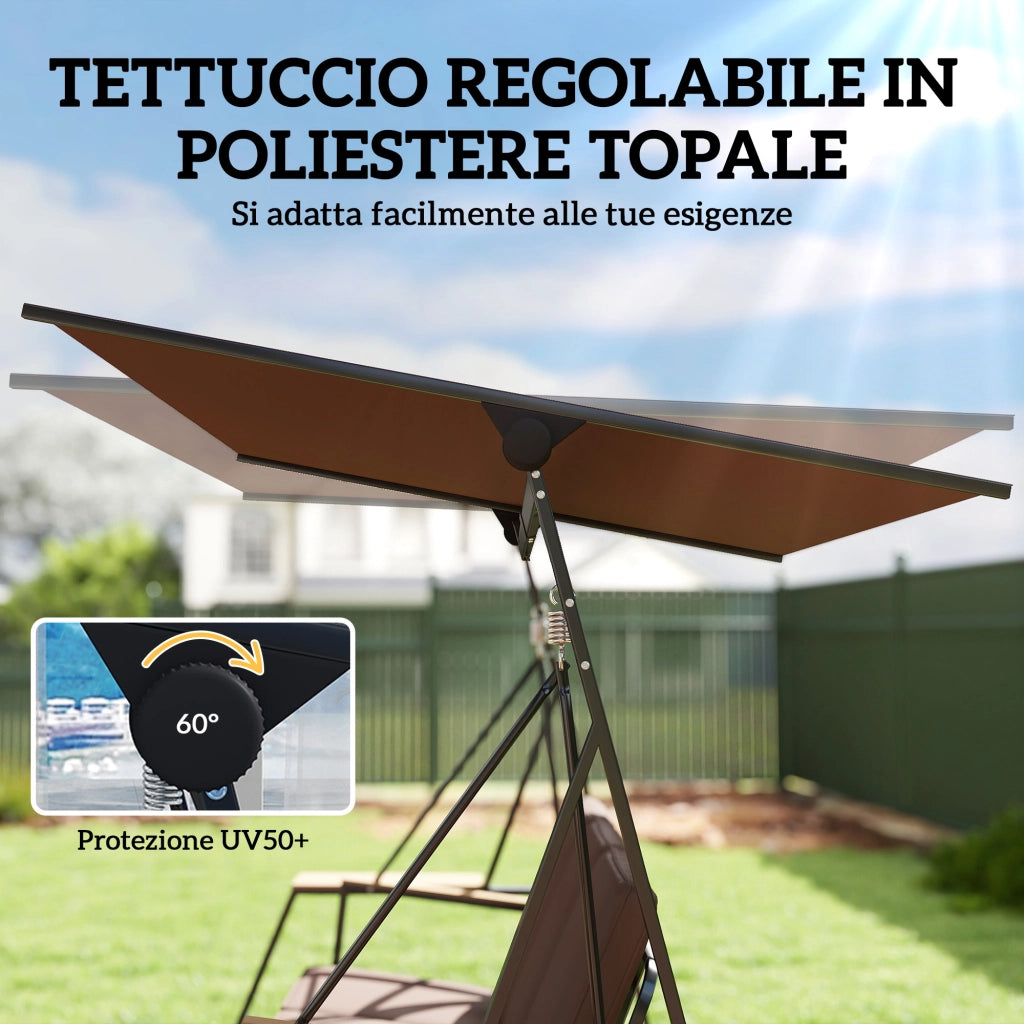 Dondolo da Giardino 3 Posti 222x131x175 cm con Tettuccio Regolabile con Vassoi e Cuscini Imbottiti in Metallo Marrone