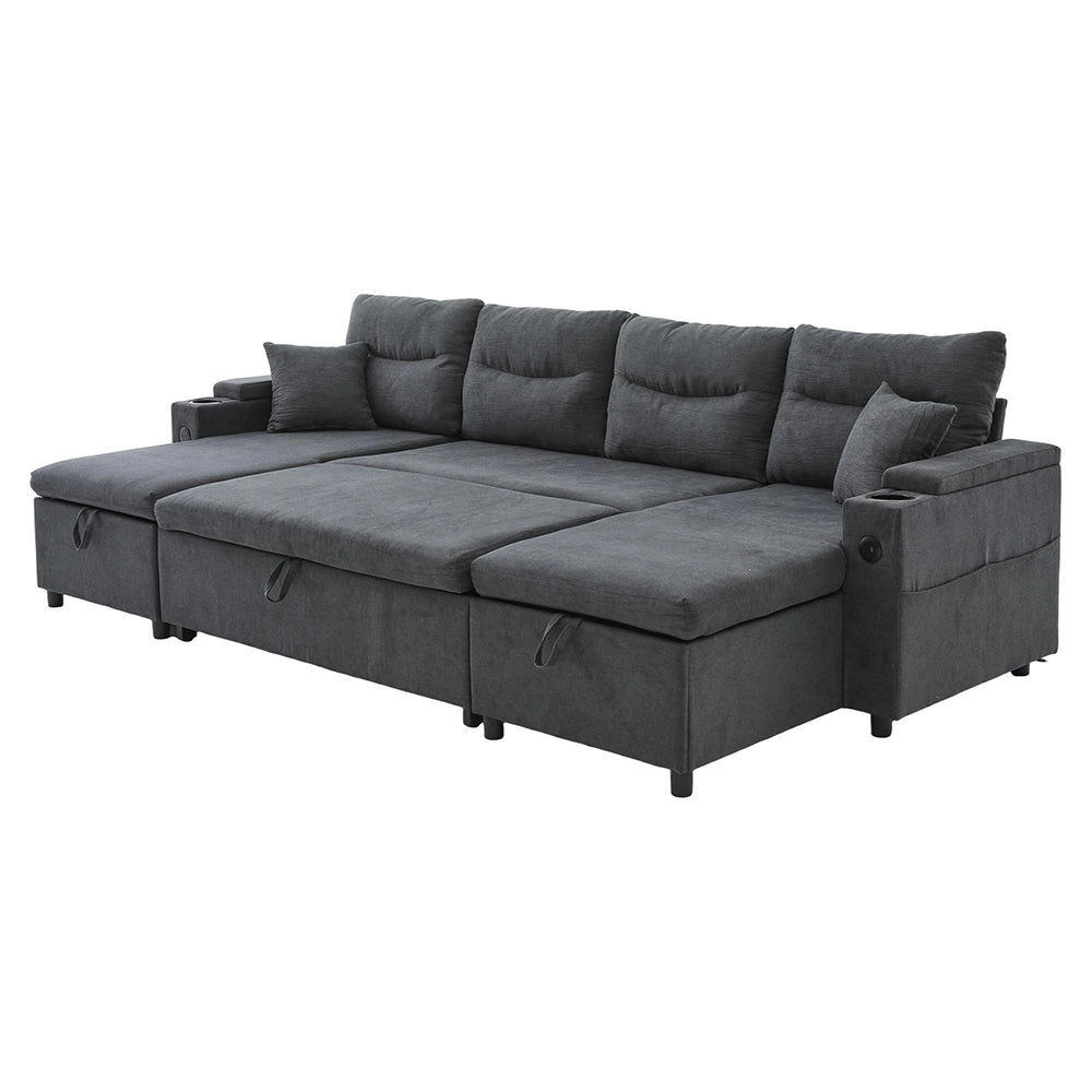 Canap¨¦ moderno per 4 persone - Xylo - Grigio scuro, con chaise longue, spazio di stoccaggio, porta-bicchieri e USB