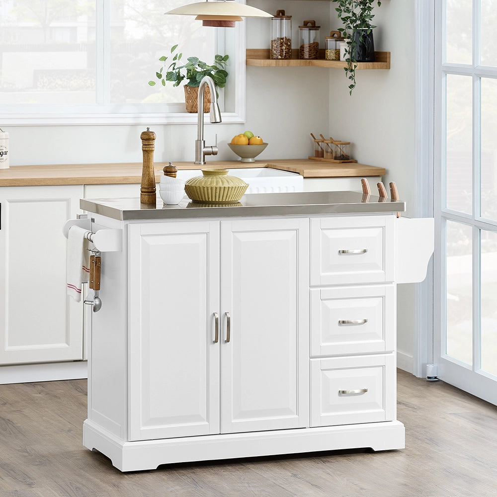 SoBuy | Isola cucina pieghevole in bianco | Carrello cucina a 4 ruote | Cucina a penisola con 2 porte | 128.0x71.0x91.0 cm | Capacità di carico 94 kg | FKW41-II-ST