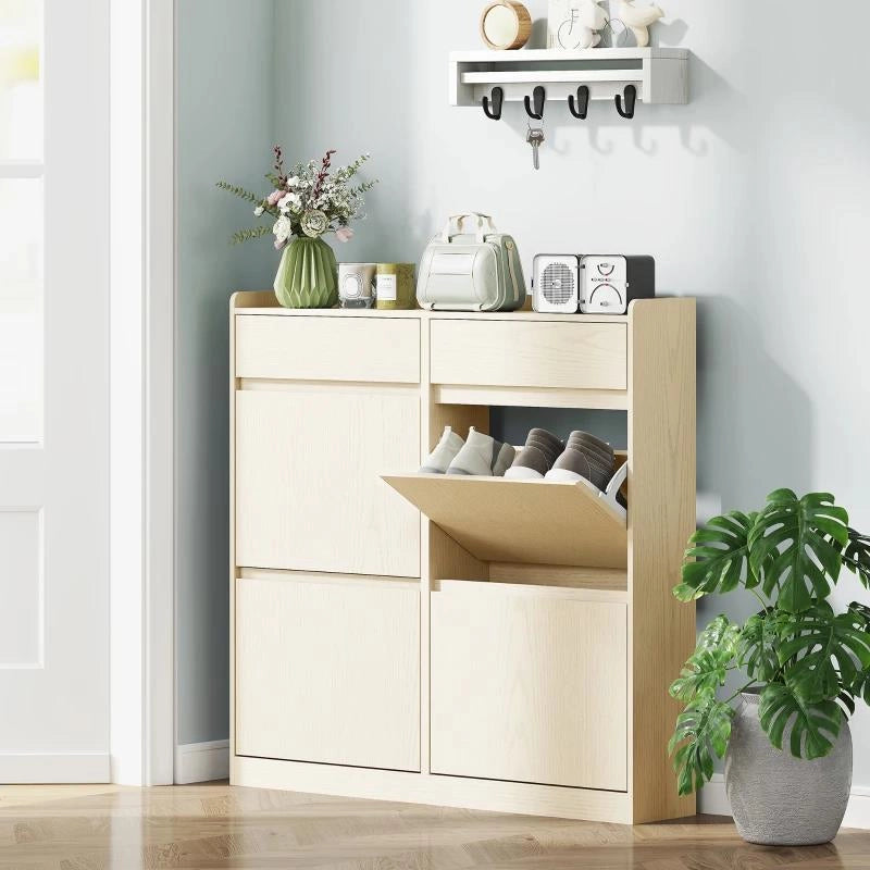 SCARPIERA SLIM IN LEGNO CON 4 CASSETTI A RIBALTA E 2 CASSETTI SCORREVOLI, 98X19.2X95.3 CM, BIANCO