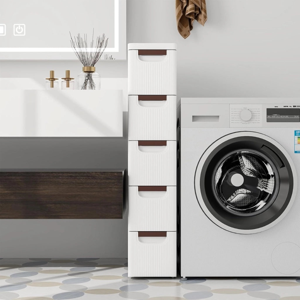 Mobiletto stretto con ruote, Carrello e organizzatore slim con 5 cassetti per spazi piccoli Bianco-Cassettiere