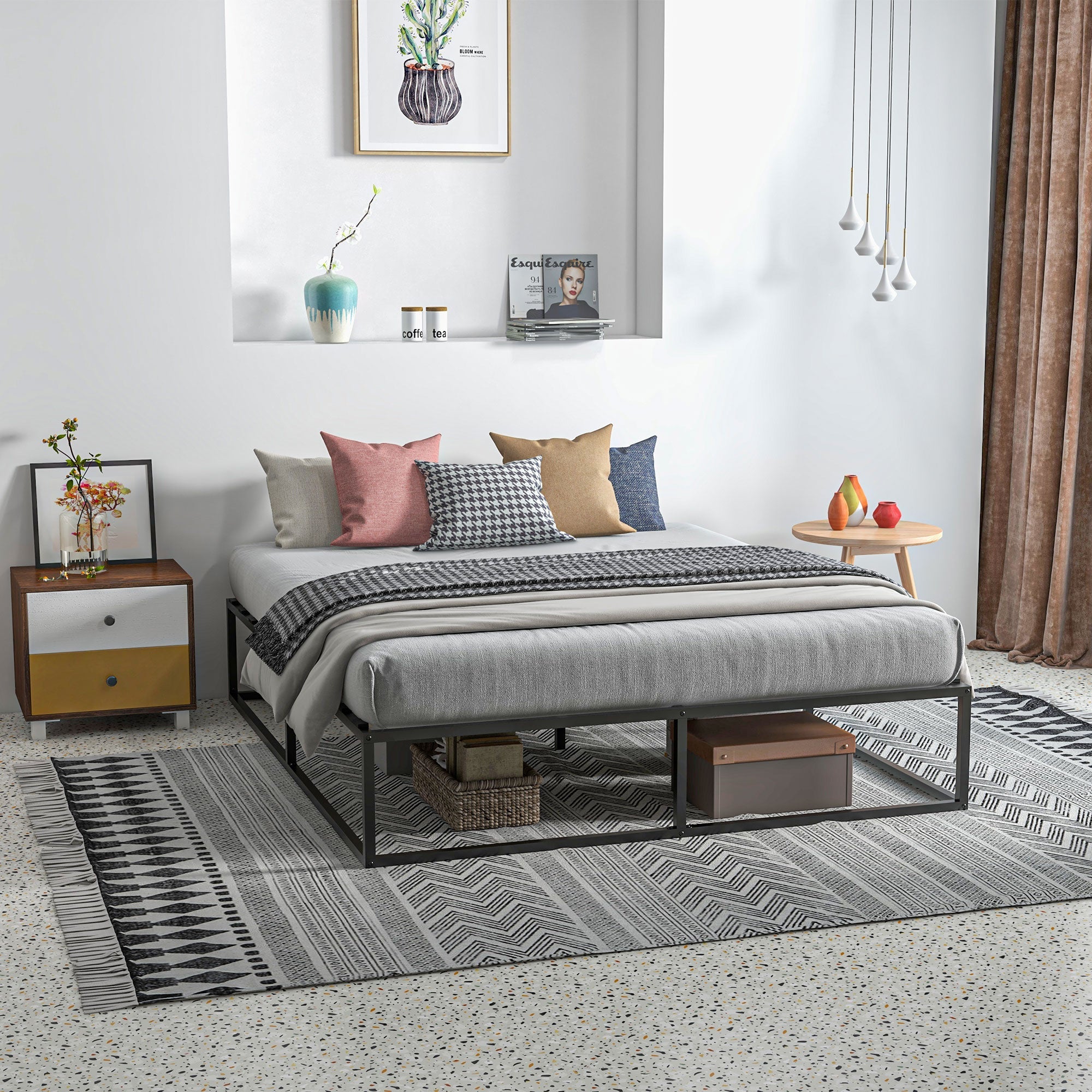 Struttura Letto Matrimoniale 190x160x35 cm con Doghe in Compensato e Contenitore Inferiore Nero