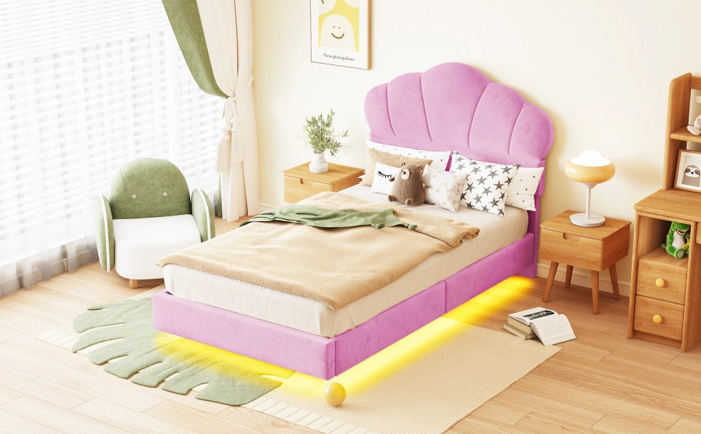 Letto imbottito per bambini con testiera a nuvola e LED, 90x200 cm, rosa