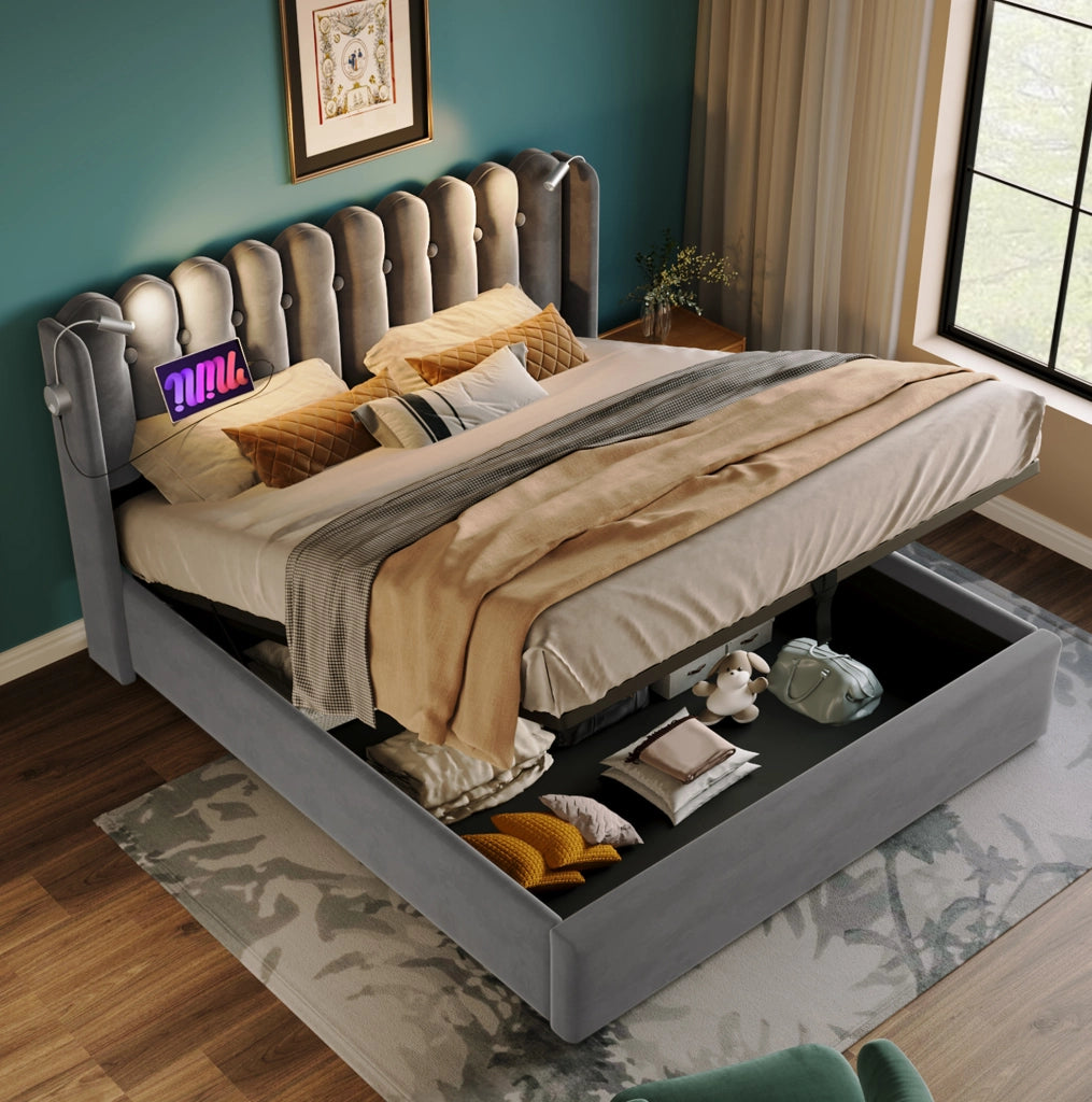 Letto matrimoniale 140x200 cm in velluto grigio con luce da lettura e 2 USB