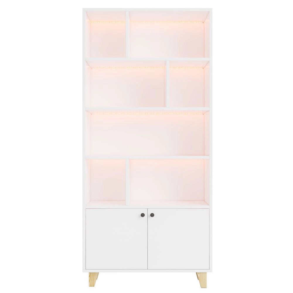Libreria a 80x30x173cm - Xylo - Bianco, LED RGB, ante doppie, piedi in legno massello