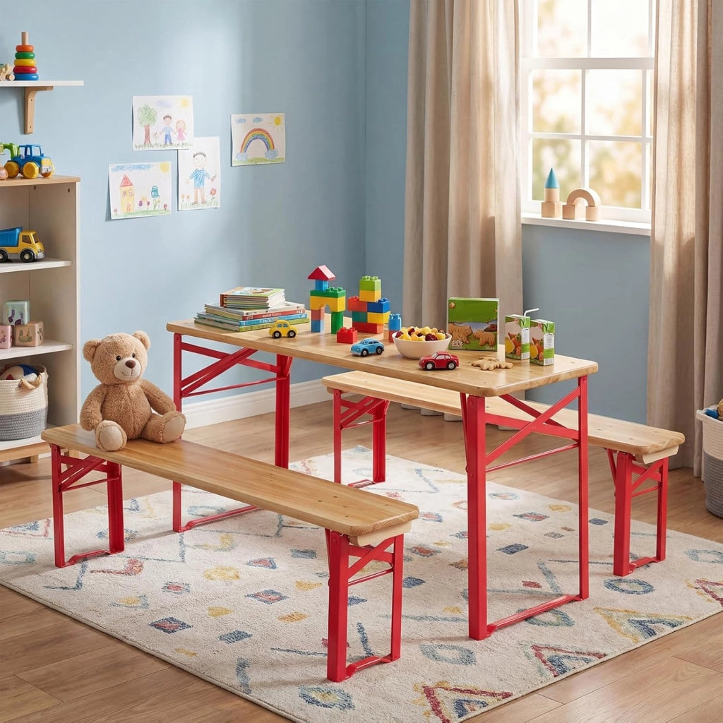 Set da Esterno 3 Pezzi per 4 Bambini, Tavolo da Picnic con 2 Panche in Legno Pieghevole, Robusta Struttura in Metallo, Facile da Riporre, Set da Giardino per Bambini 3-8 Anni per Patio