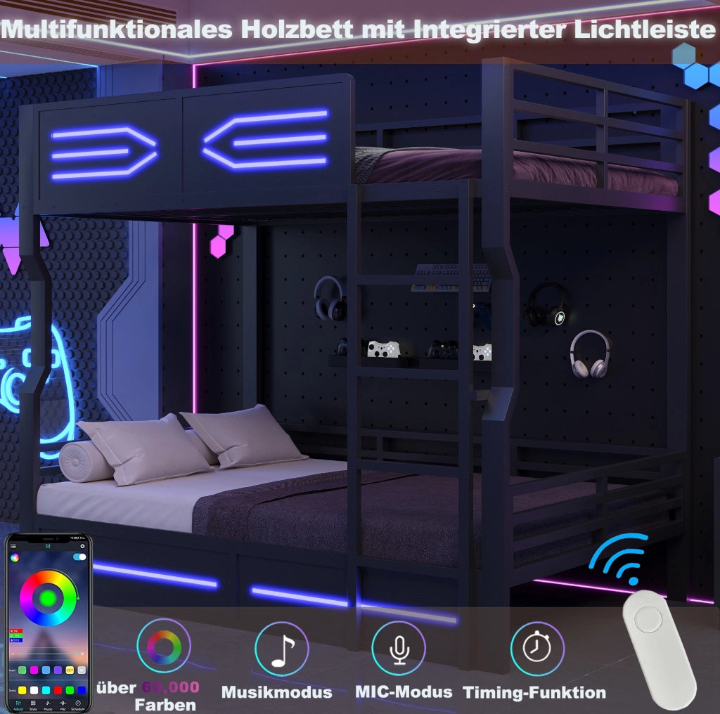 Letto a castello multifunzione 140 x 200 cm con LED nero