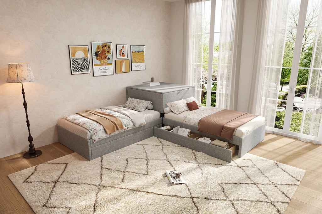 DESMIU Letto nido 90 × 200 cm 3 posti con contenitore, 2 cassetti e senza materasso, in lino, grigio