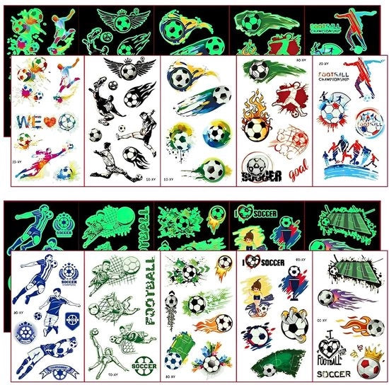 Tatuaggi luminosi a tema calcio - 10 fogli - Regalo per bambini - Materiale per la scatola della scuola - Cose divertenti per i ragazzi - Esperienza visiva duplice