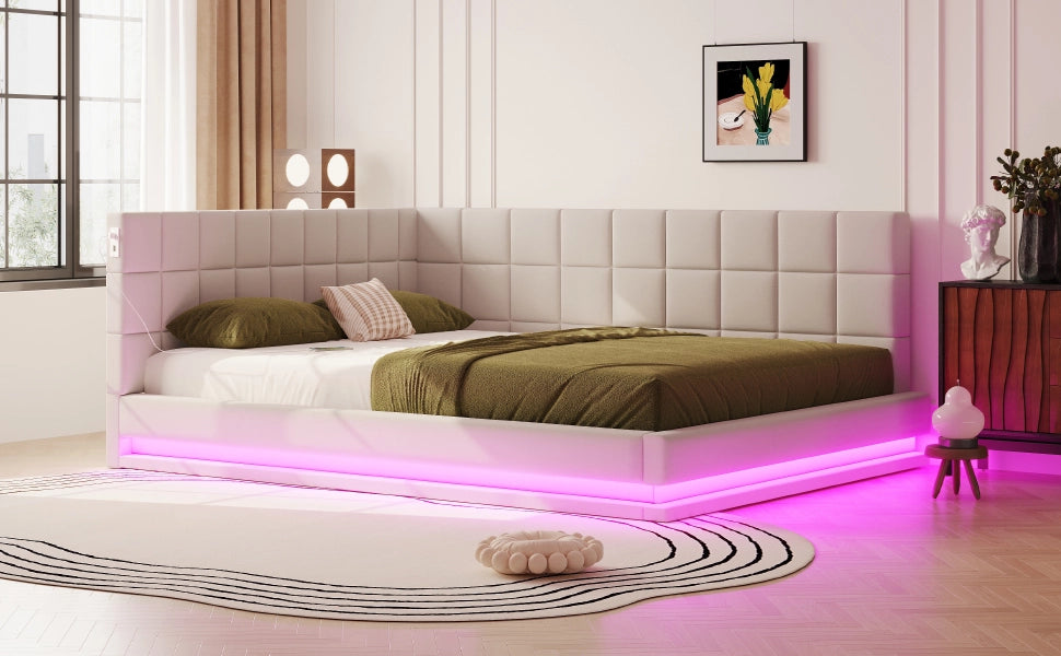 DESMIU Letto banquette 160 × 200 cm 2 posti con LED regolabile, USB, senza materasso, in lino, beige