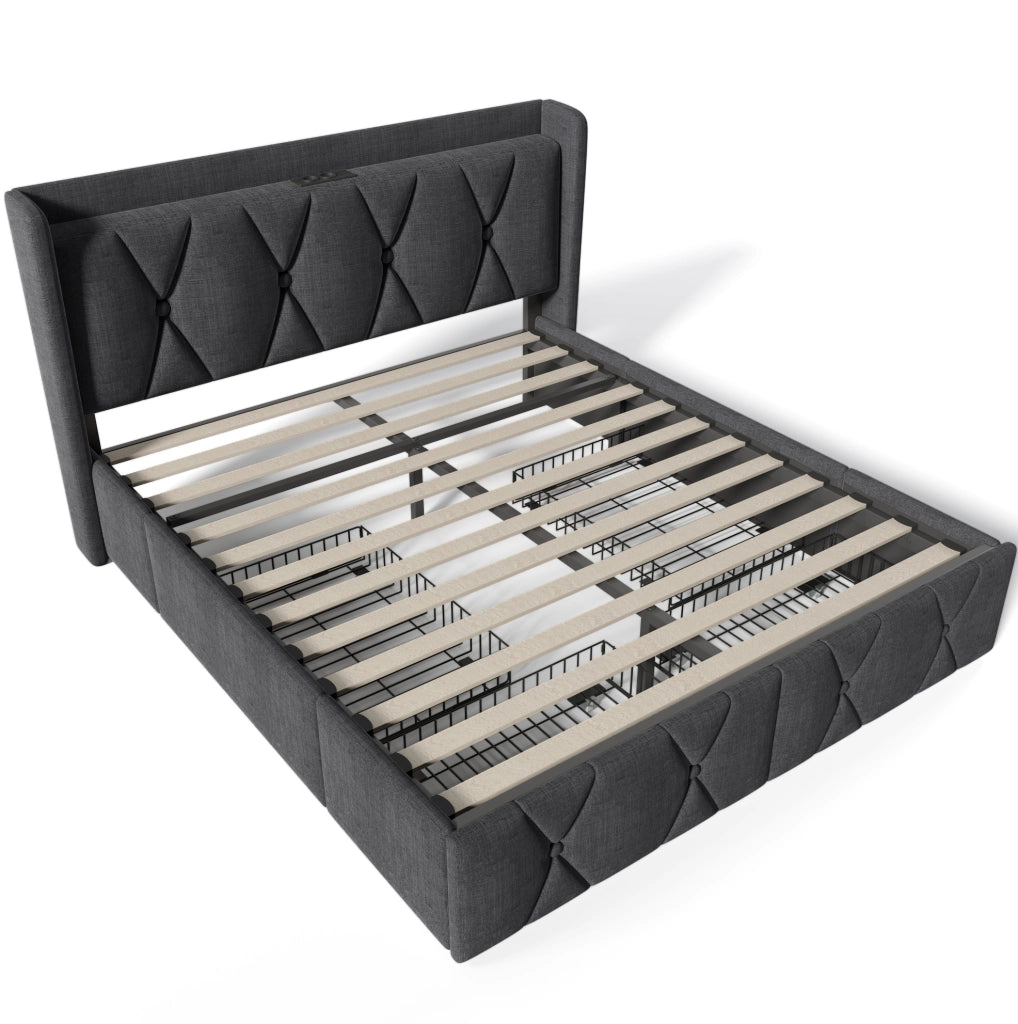 Letto contenitore matrimoniale 140x200 cm con 4 cassetti; USB e prese; grigio