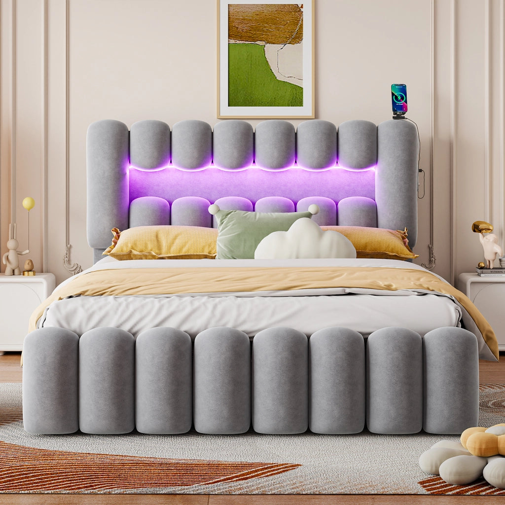 Letto imbottito in velluto con LED, USB e 4 cassetti, 160x200 cm, grigio