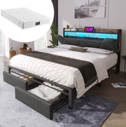 Letto 160x200 cm con LED; USB e Type-C; testiera contenitore; 2 cassetti; lino; grigio