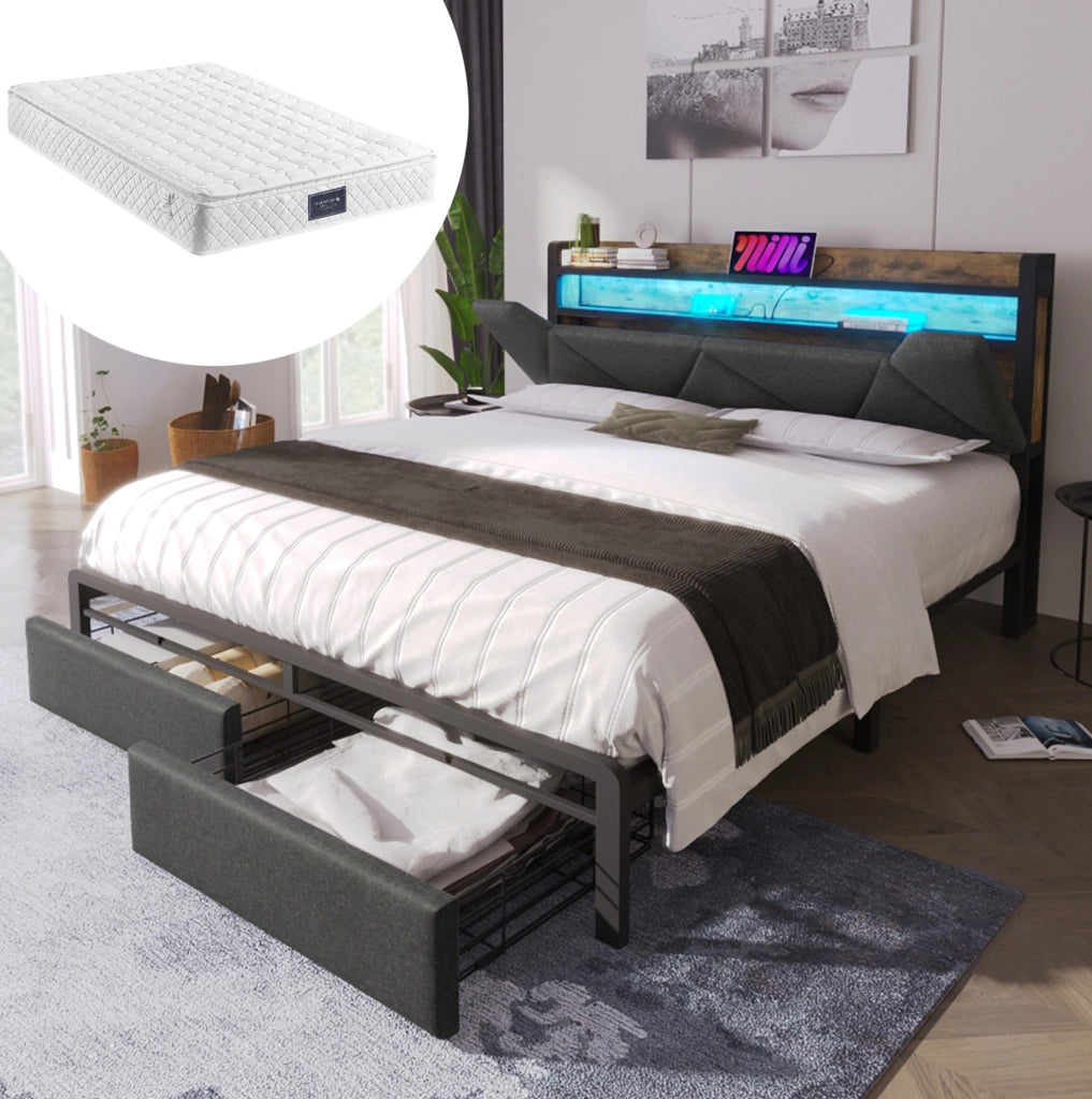 Letto 160x200 cm con LED; USB e Type-C; testiera contenitore; 2 cassetti; lino; grigio