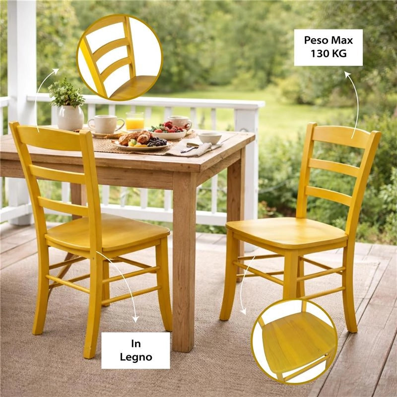 SET 4 SEDIE PAESANA IN LEGNO CON SEDUTA COMPATTA E SCHIENALE ALTO H 88 X L 45 X P 45 CM COLORE GIALLO