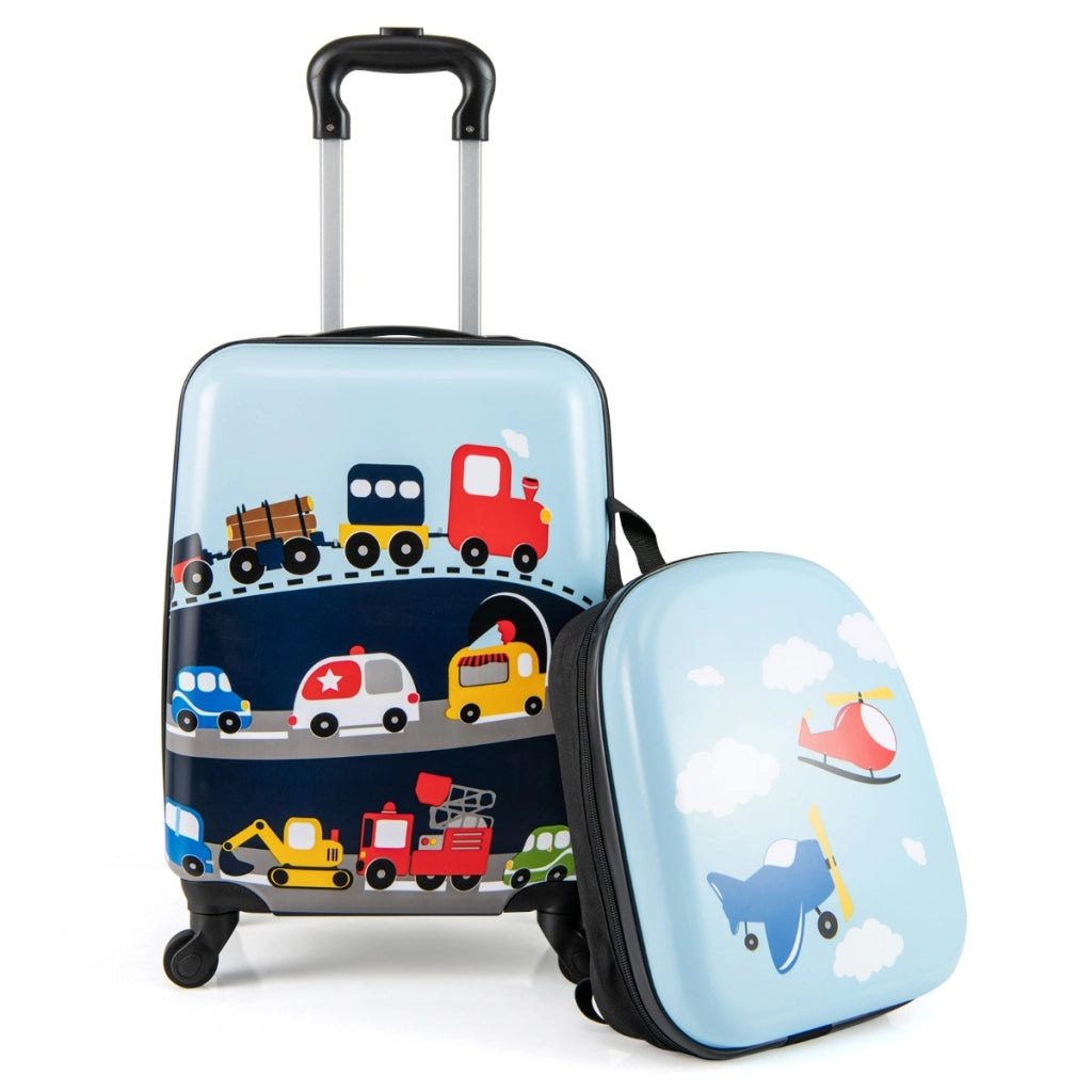 Set di 2 valigie per bambini con ruote con zaino con spallacci regolabili, Bagaglio da viaggio con motivi carini Blu e Blu Scuro-Bagagli e borse