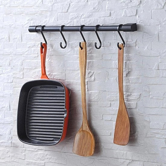 Organizzatore di accessori da cucina con S-haken - raccogliendo padella e pentola - organizzatore di accessori da cucina a muro - alluminio - nero