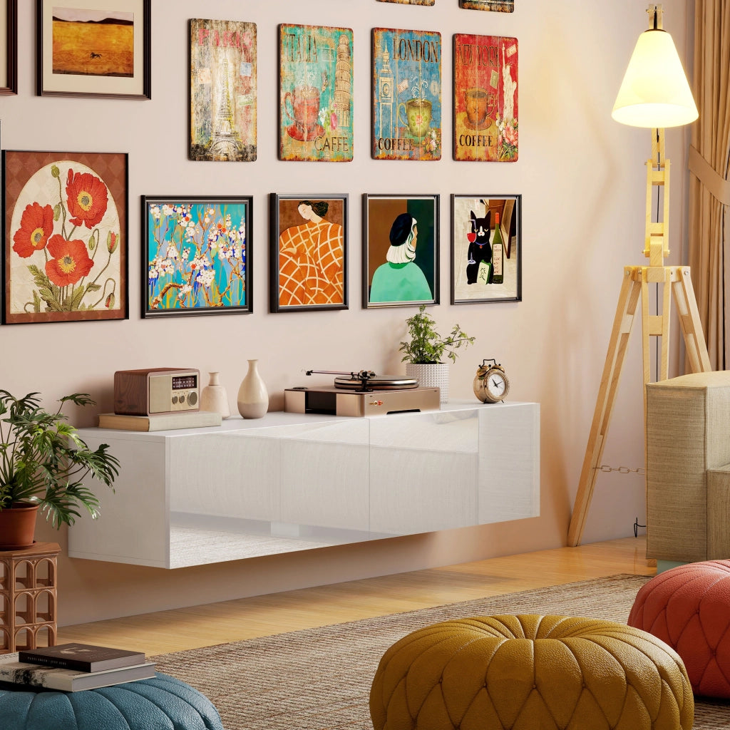 Mobile Sospeso con Armadietti con Ante a Ribalta 140x33x29,8 cm in Truciolare Bianco Lucido