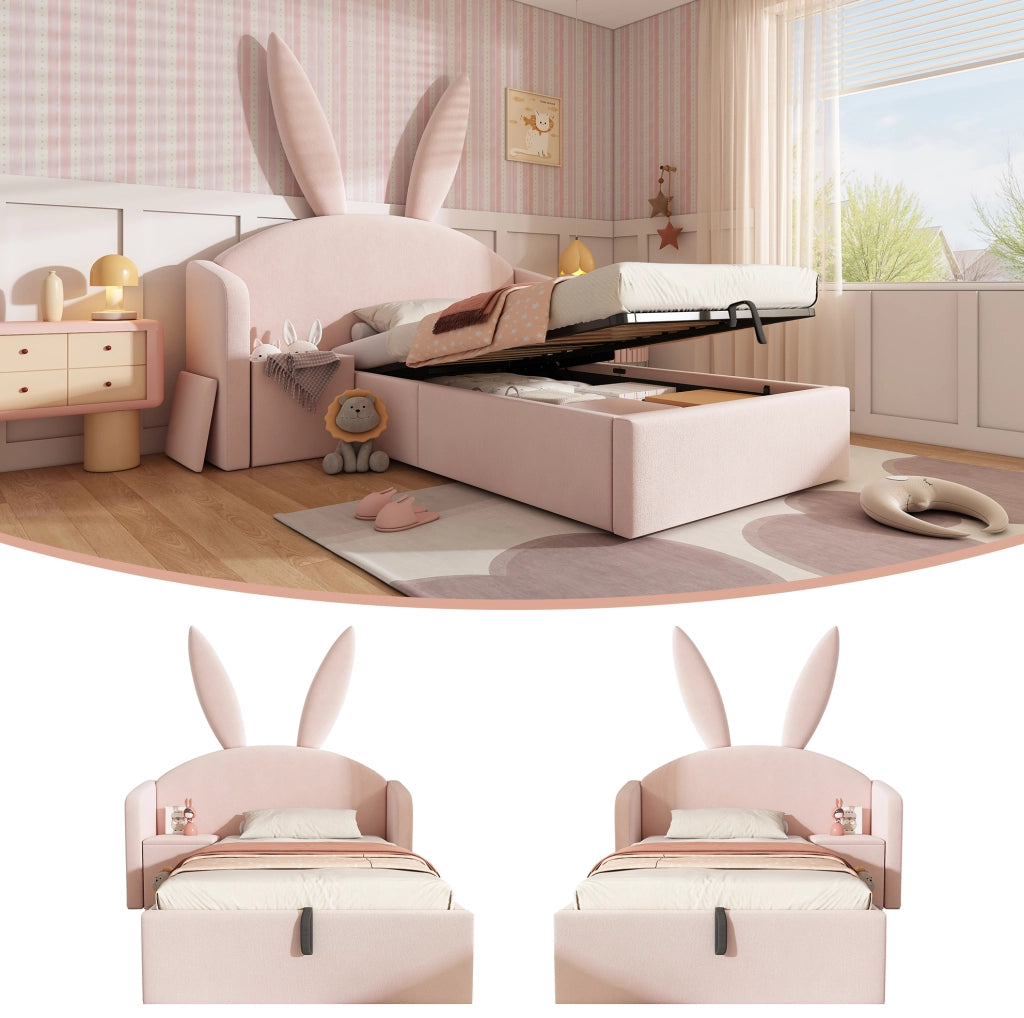 Letto singolo rosa 90x200 con orecchie di coniglio e comodino