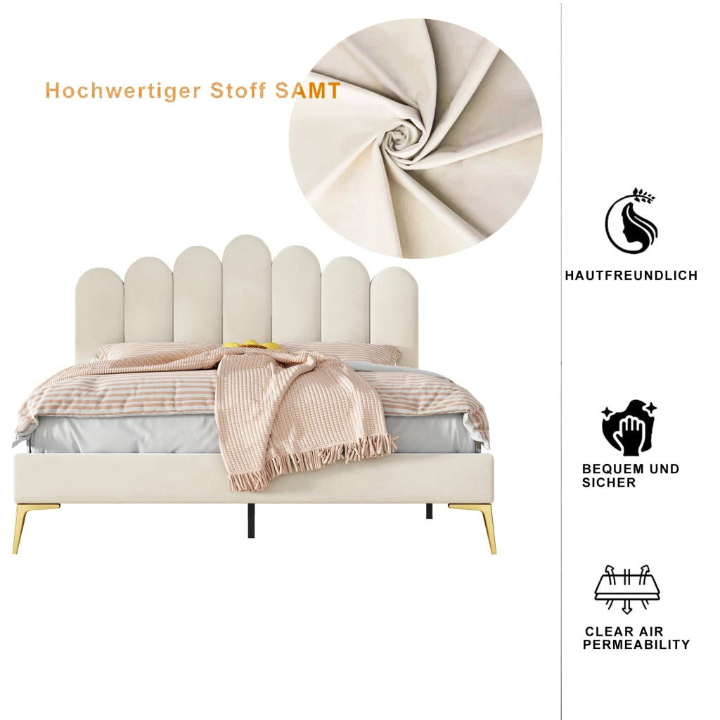 LETTO imbottito 140 x 200 cm beige in velluto con testiera regolabile