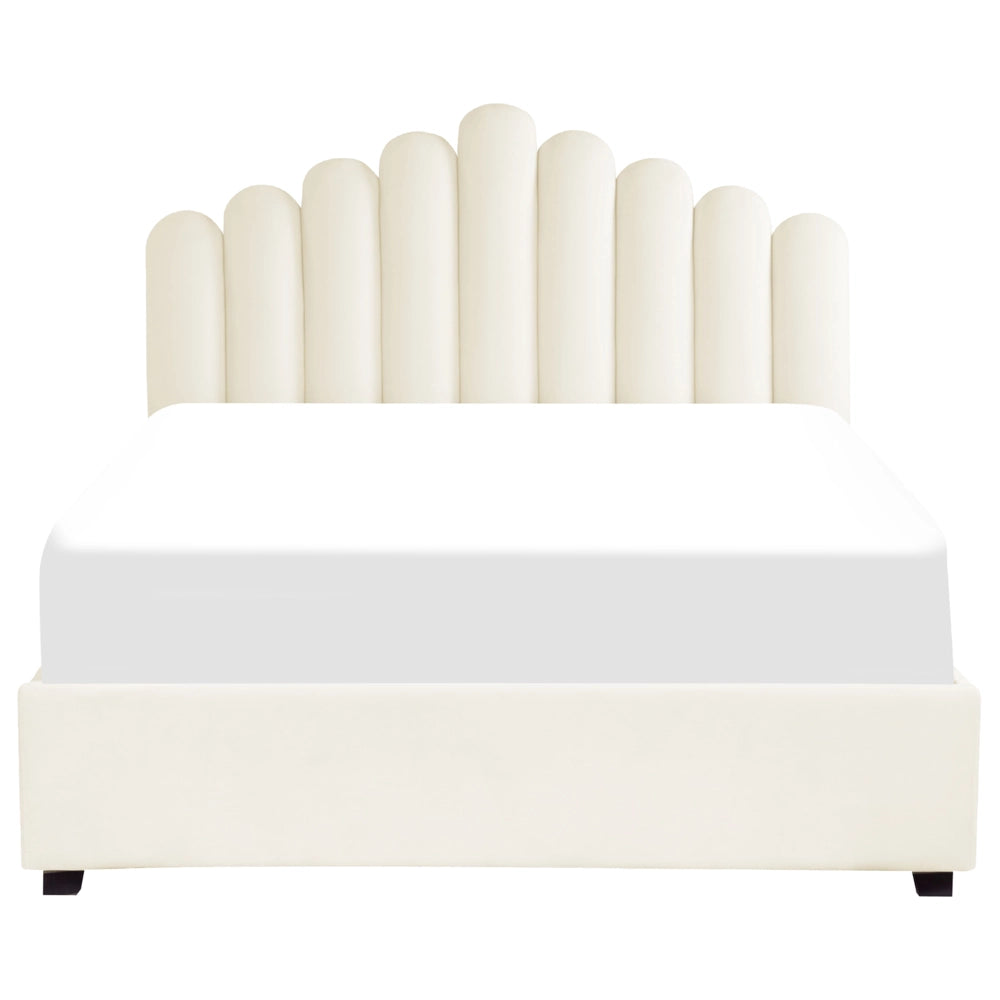 Letto contenitore matrimoniale rete a doghe velluto bianco sporco 160 x 200 testiera a conchiglia