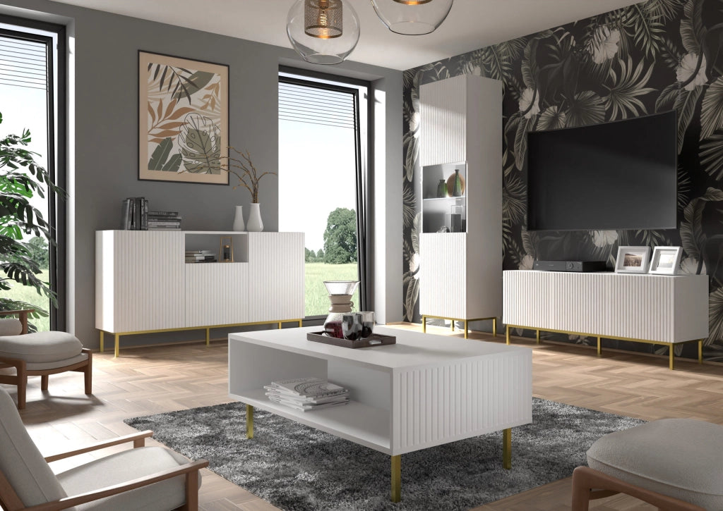 MOBILE RAVENNA B VETRINA IN MDF CON FOGLIO IN VETRO 1DS 60x217 BIANCO OPACO CORNICE ORO