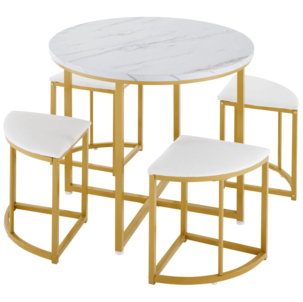 Set da pranzo con tavolo rotondo 80x80x75 cm e 4 sedie; MDF bianco e metallo oro