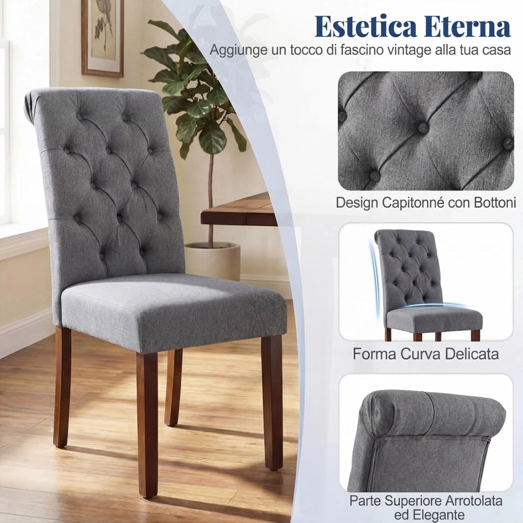 Set di 2 Sedie Imbottite da Cucina, Sedia Sala da Pranzo con Schienale Alto, Cuscino Comodo e Gambe in Legno Massello, Sedia Moderno per Camera da Letto, Salotto, Salone e Ristorante (Grigo)