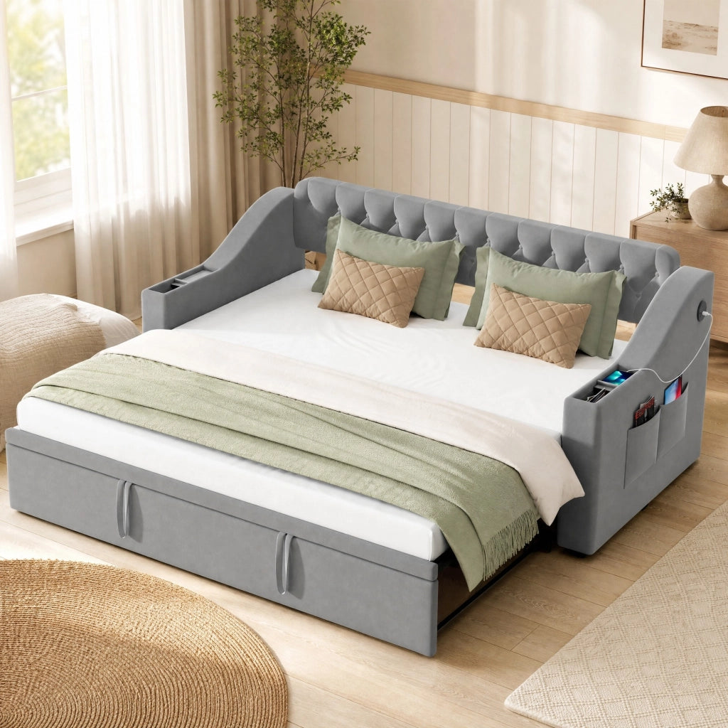 Divano letto imbottito estraibile 90x190 cm con rete a doghe, tessuto velluto, grigio