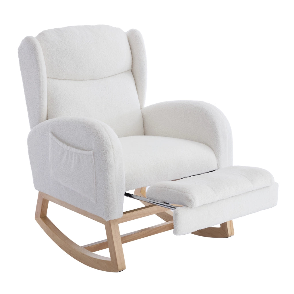 Poltrona a Dondolo con Poggiapiedi ¨C MINIMAL ¨C Tessuto Teddy, Schienale Alto, Bianco