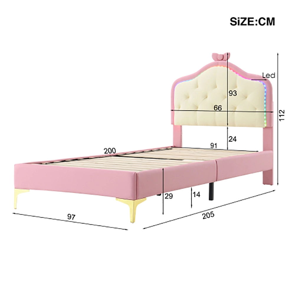 Letto singolo imbottito a forma d'onda - Xylo - 90x200cm - Rosa - Luci LED multicolori