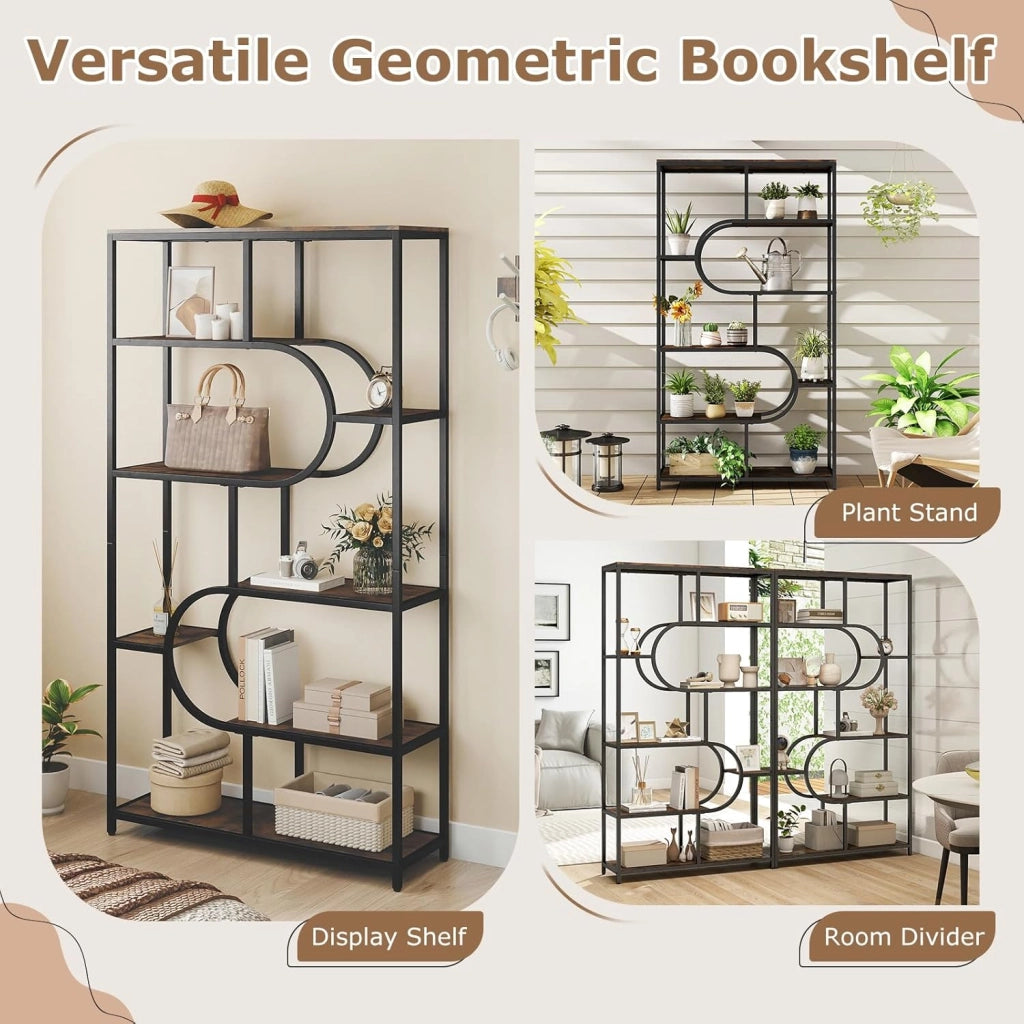 Libreria Geometrica a 8 livelli, scaffale portaoggetti con ripiani aperti in legno, telaio in metallo, kit antiribaltamento, 95 x 30 x 175 cm, per soggiorno, camera da letto, ufficio (marrone)