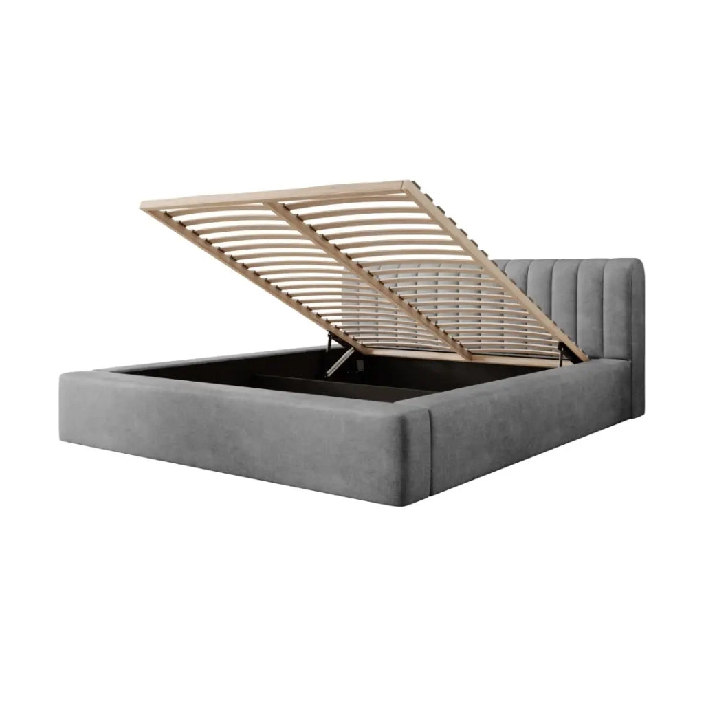 Lit coffre CERVIN – Velluto morbido Perla di cemento – 180x200 cm – Rete sollevabile – Design contemporaneo