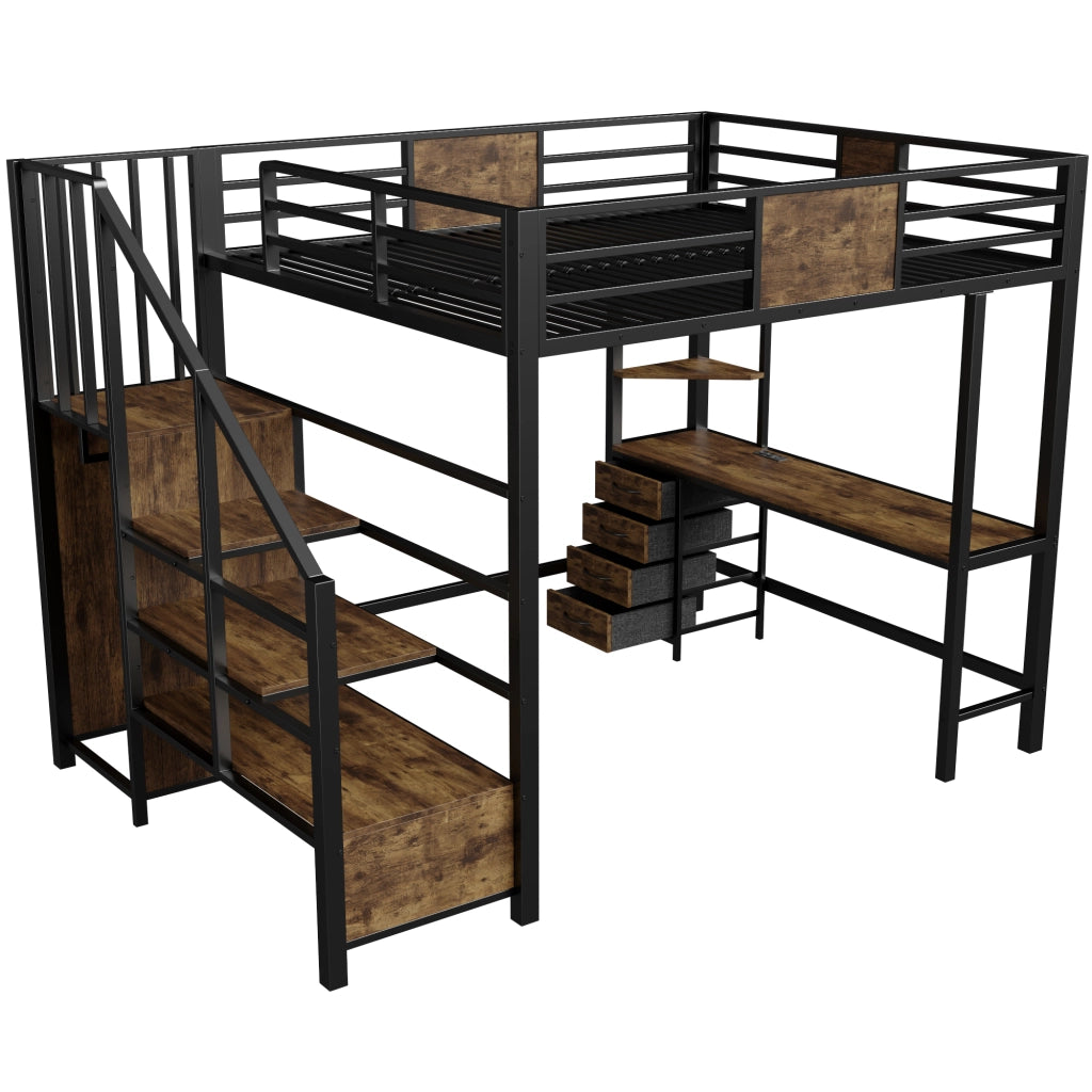 Letto a Castello 140x200 cm in Metallo con LED; Scaffali; Presa; Scrivania; Nero