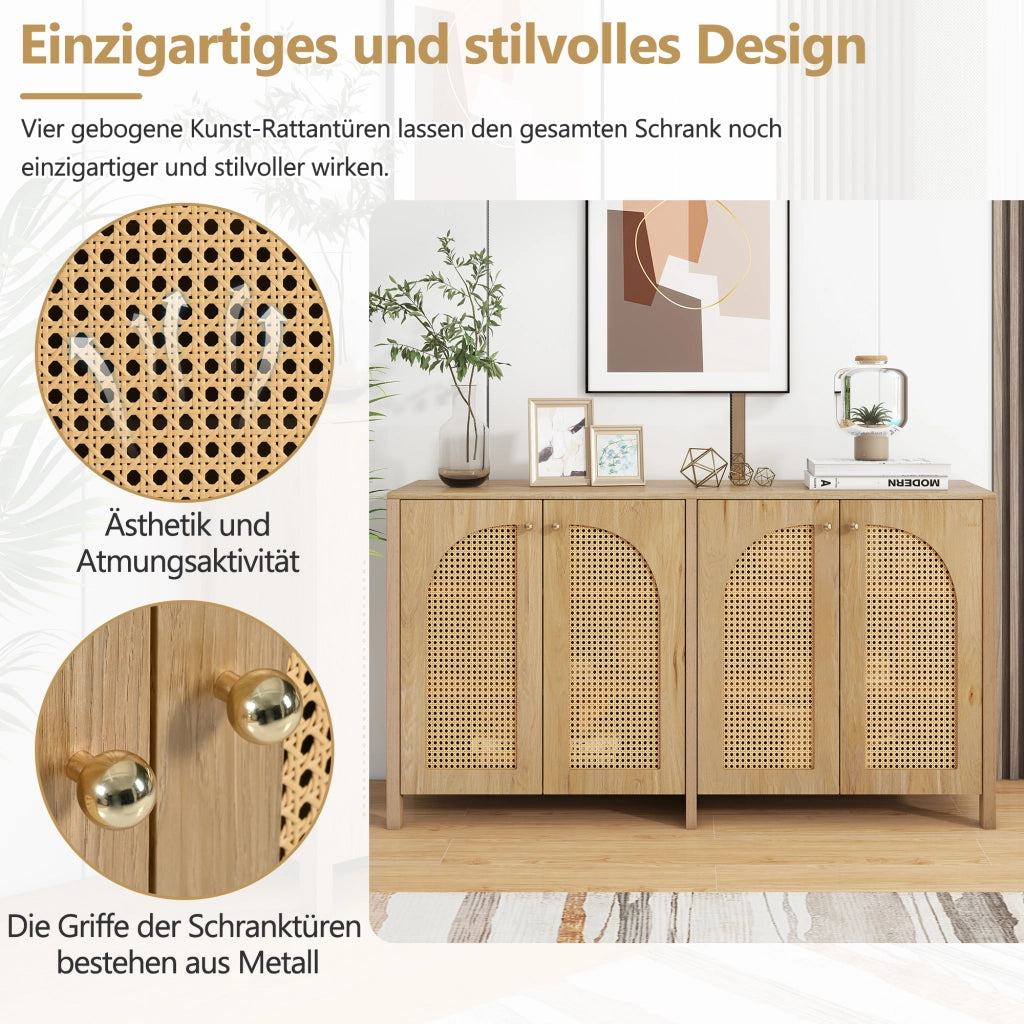 Credenza Moderna con Ante in Rattan e Maniglie in Metallo ¨C MINIMAL ¨C Legno Naturale