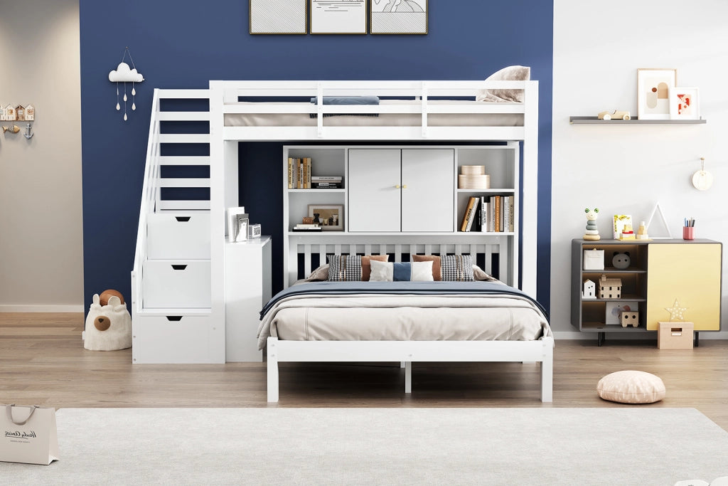 DESMIU Letto a castello 90 × 200 cm e 140 × 200 cm 2 posti con ripiani, senza materasso, in legno massiccio e MDF, bianco
