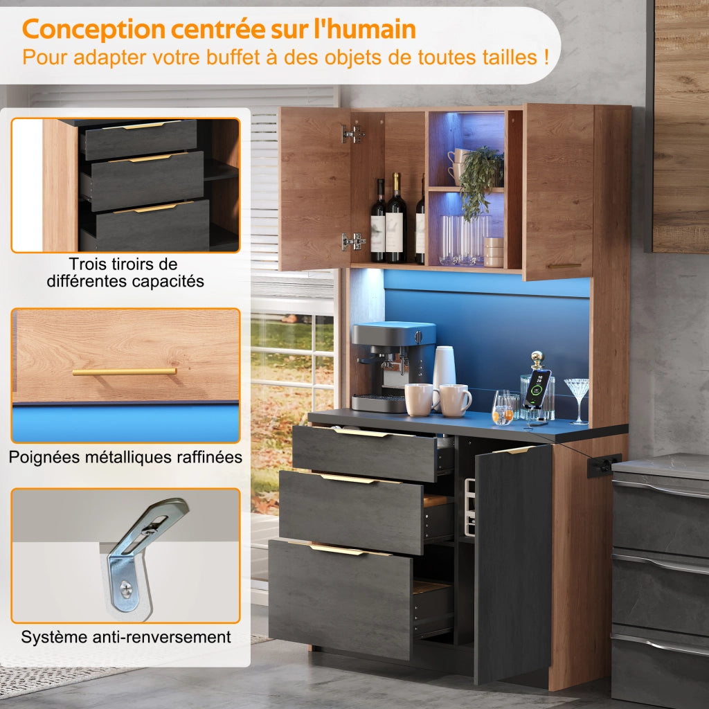 Mobile Alto Cucina con LED ¨C MINIMAL ¨C Effetto Cemento, Piano Nero, 100x40x180 cm