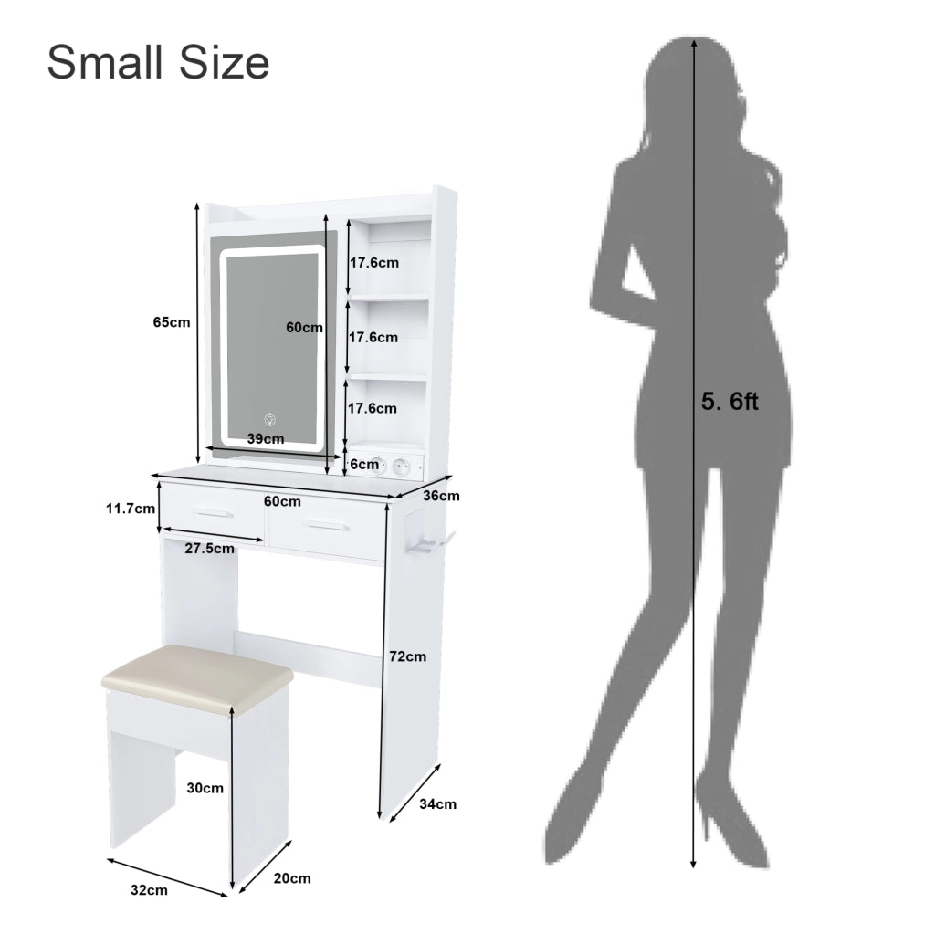 Tavolo da trucco con illuminazione LED regolabile; sgabello imbottito; MDF bianco