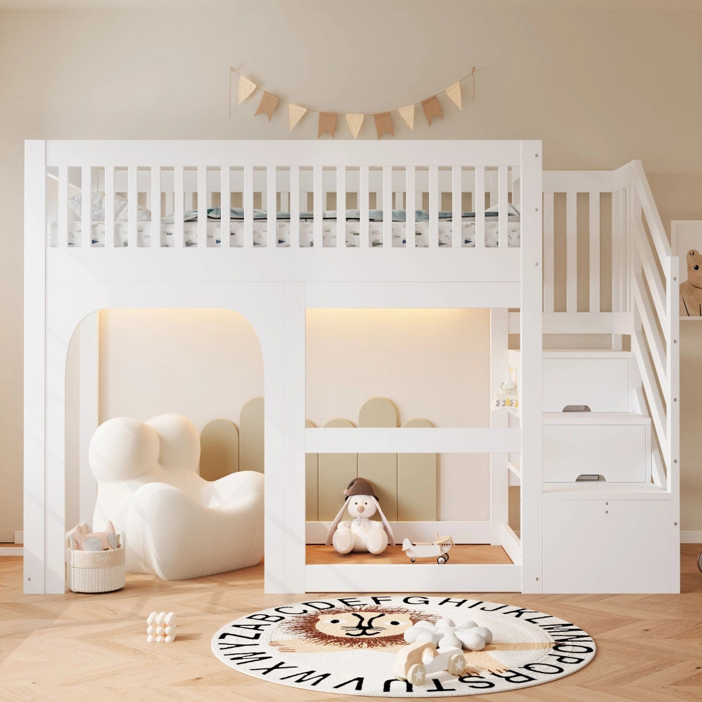 Letto a soppalco 90 x 200 cm, con ripiano portaoggetti, illuminazione a LED, sponde di sicurezza, letto per bambini, bianco