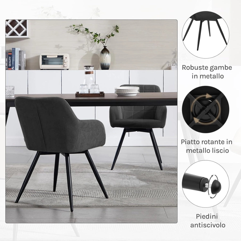 Sedia da Pranzo Girevole, Sedia da Cucina Ergonomica Imbottita in Velluto con Gambe in Metallo, Poltrona per Salotto, Ufficio, Camera da Letto, Balcone, Nero, EZS85sz-1