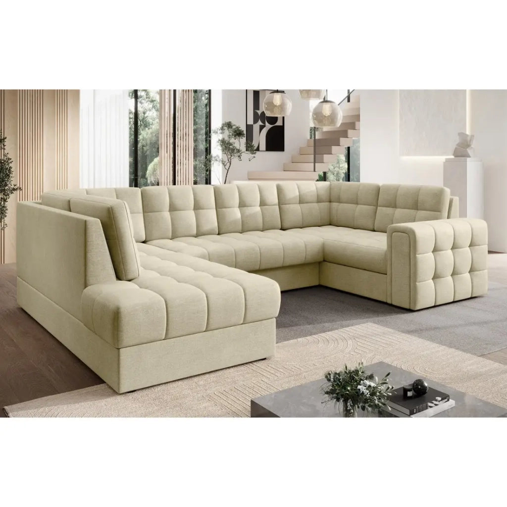Divano angolare convertibile MONTEZA beige sinistro 299 cm con contenitore e letto