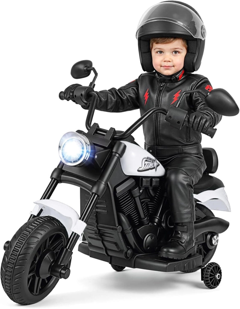 Moto Elettrica per Bambini, 6V Moto Cavalcabile con 2 Ruote di Supporto, Pedale, Fari e Musica, 2,4 km/h, per Bambini 3 Anni+, 79x58x56 cm (Bianco)