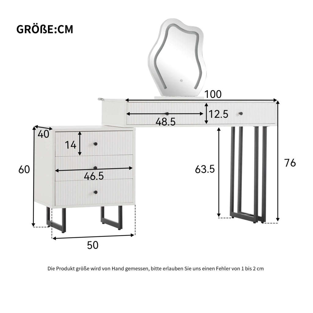 Toeletta con specchio LED dimmerabile, 5 cassetti, bianca