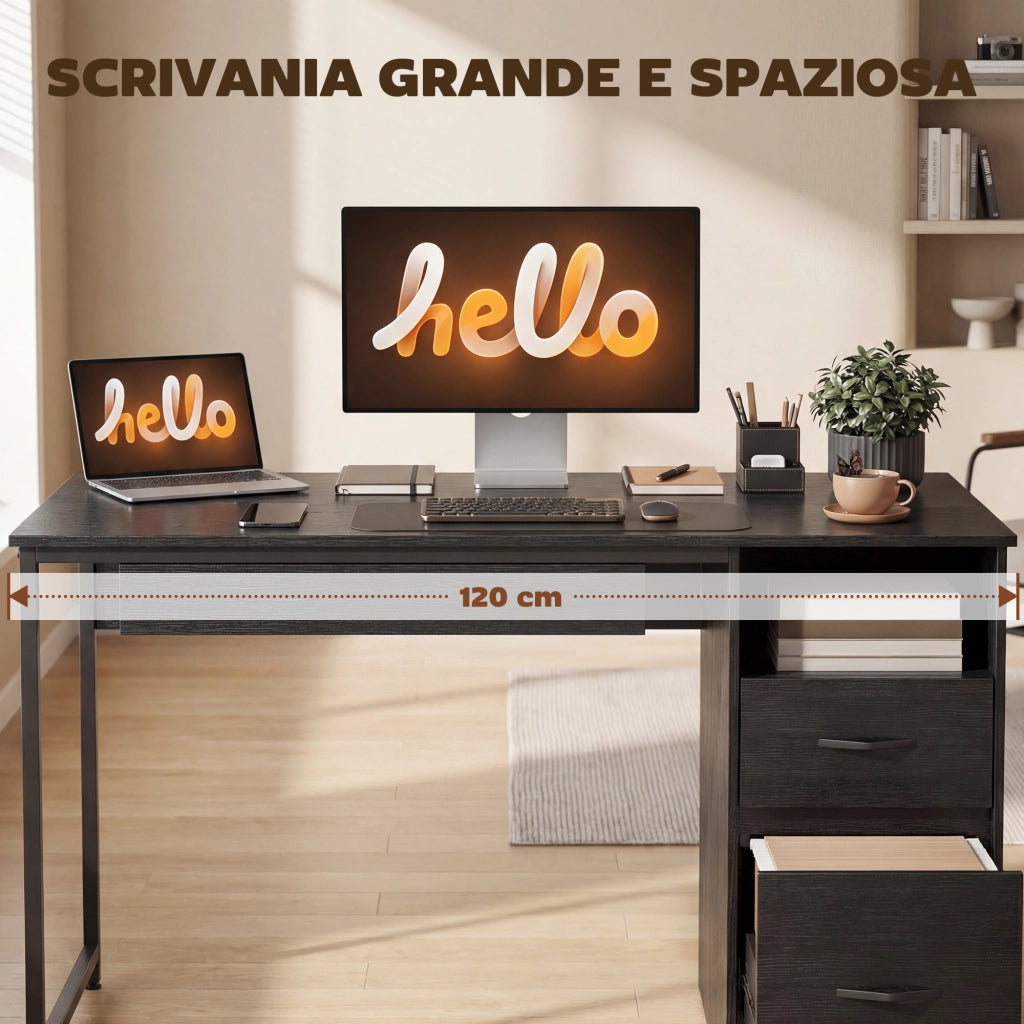 Scrivania Moderna con Cassetti e Ripiani Aperti ¨C Zephmum ¨C Legno, Acciaio, Nero, 120x52.3x76 cm