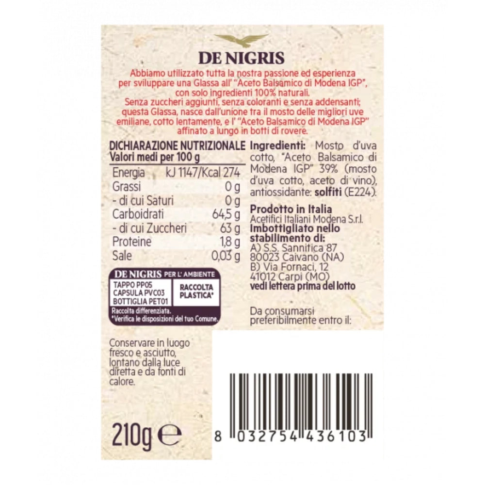 De nigris glassa naturale di aceto balsamico di modena igp e mosto d'uva 6 pezzi