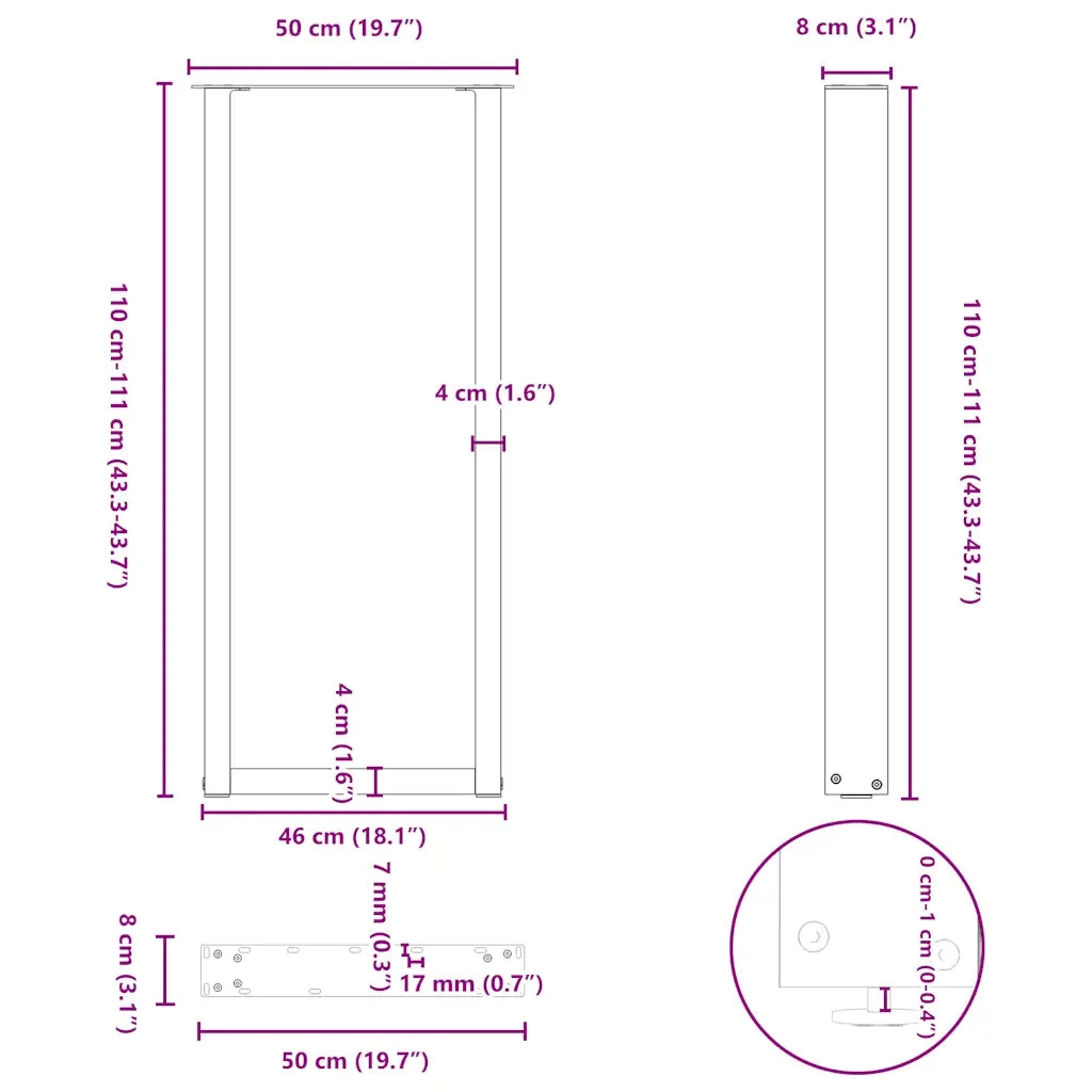 Gambe per tavolo da bar a forma di U 2 pz in acciaio naturale 50x(110-111) cm 4013247
