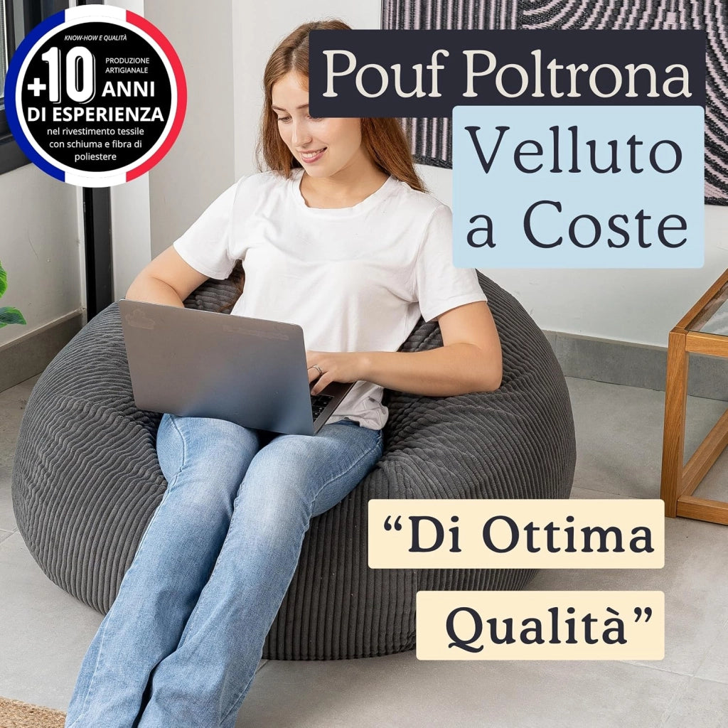 Pouf Poltrona Sacco in Velluto a Coste Larghe - Imbottitura in Schiuma, Morbido - Fodera Lavabile - Facile da Trasportare, Per Bambini e Adolescenti (105x85 cm, Grigio Scuro)