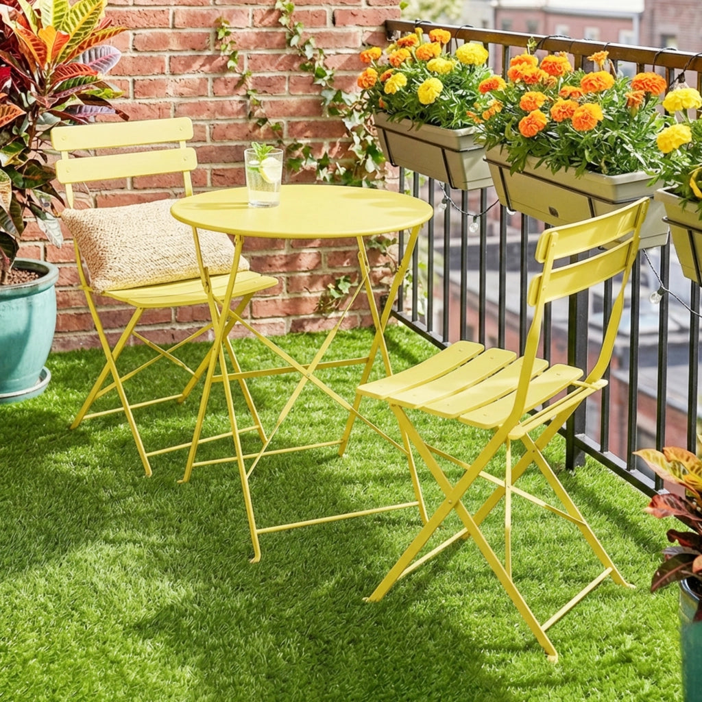 Set Giardino Tavolo e Sedie Pieghevoli ¨C zephmum ¨C Giallo, Legno, 3 Pezzi